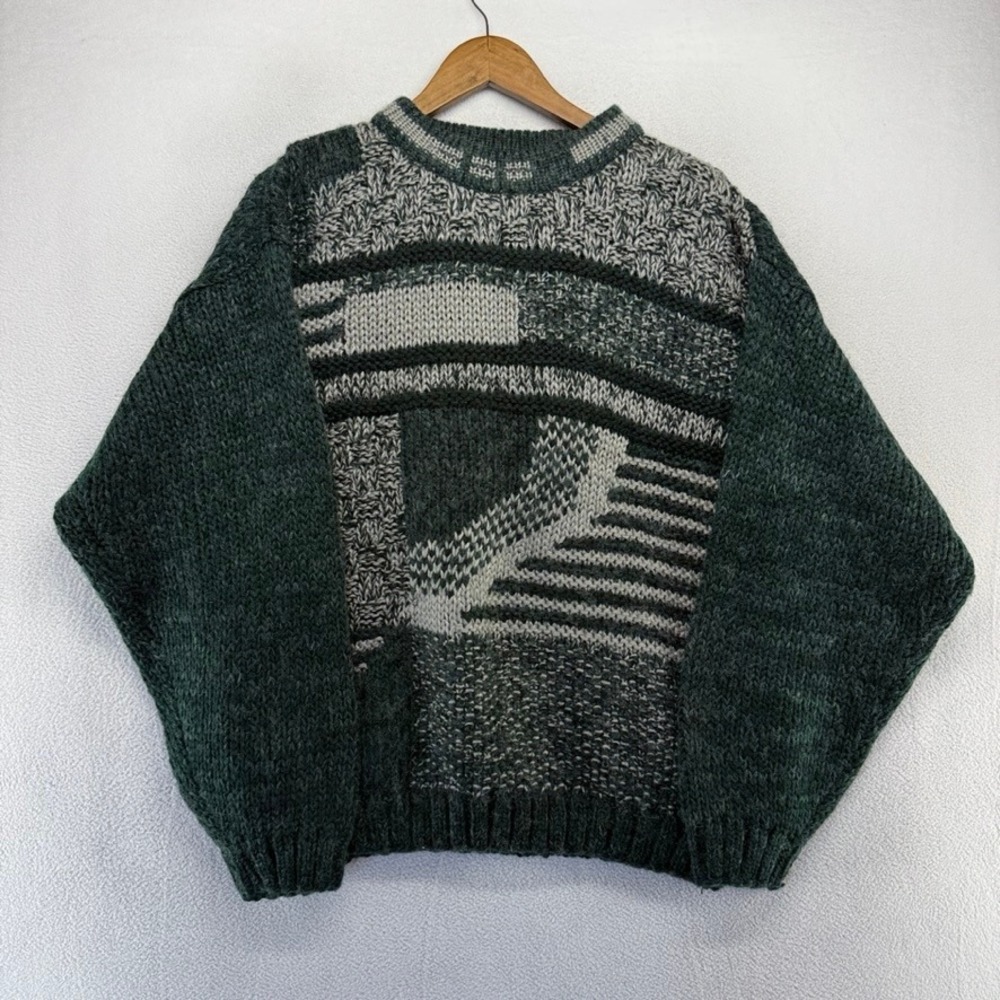 Vintage Street Scenes Sweater Mens XL Green Abstract Knit Grandpa Wool Geometric